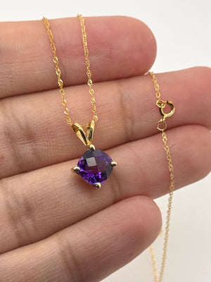 Amethyst Pendant 8mm Cushion Cut AAA in 14K Yellow Gold | Purple Gemstone Necklace Gift for Her