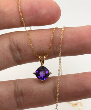 Amethyst Pendant 8mm Cushion Cut AAA in 14K Yellow Gold | Purple Gemstone Necklace Gift for Her