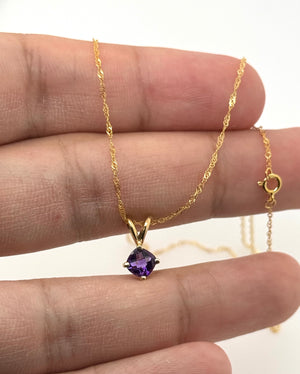 Amethyst Pendant 5mm Cushion Cut AAA in 14K Yellow Gold | Purple Gemstone Necklace
