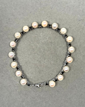Akoya Pearl & Black Diamond Bracelet: 14K White Gold, 7 Inch