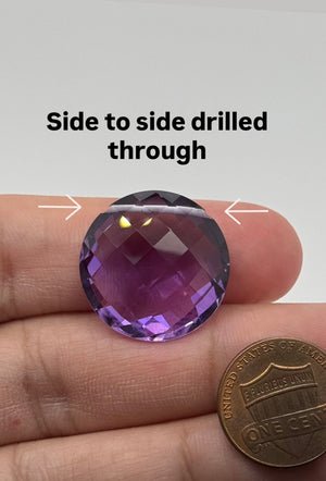 Natural amethyst round disc briolette bead measuring 22mm with side drill