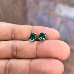 1.64–1.88 Ct AAA Emerald-Cut Lab-Created Emerald Scroll Stud Earrings in 14K White Gold (7x5 mm)