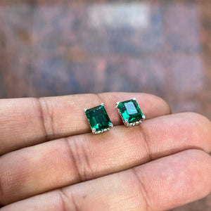 4.10–4.90 Ct AAA Emerald-Cut Lab-Created Emerald Scroll Stud Earrings in 14K White Gold (9x7 mm)