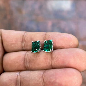 4.10–4.90 Ct AAA Emerald-Cut Lab-Created Emerald Scroll Stud Earrings in 14K White Gold (9x7 mm)