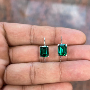 AAA 9x7mm Lab Created Emerald Stud Earrings with Scroll Lever Backs in 14K White Gold | 3.73–4.92 Ct Vintage Style