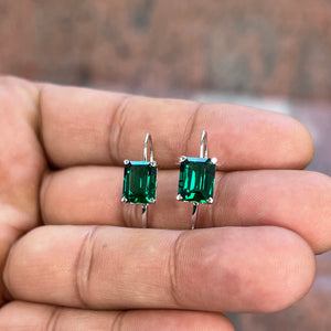 AAA 9x7mm Lab Created Emerald Stud Earrings with Scroll Lever Backs in 14K White Gold | 3.73–4.92 Ct Vintage Style