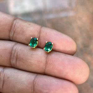 0.71–1.65 Ct AAA Oval Lab-Created Emerald Scroll Stud Earrings in 14K Yellow Gold (7x5 mm)