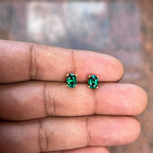 0.71–1.65 Ct AAA Oval Lab-Created Emerald Scroll Stud Earrings in 14K Yellow Gold (7x5 mm)