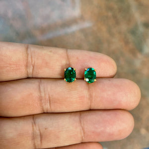 AAA 8x6mm Lab Created Oval Emerald Scroll Stud Earrings in 14K Yellow Gold | 1.90–2.56 Ct