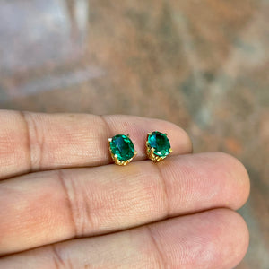 AAA 8x6mm Lab Created Oval Emerald Scroll Stud Earrings in 14K Yellow Gold | 1.90–2.56 Ct