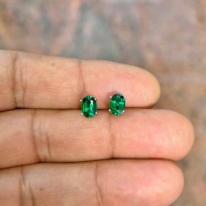 AAA 8x6mm Lab Created Oval Emerald Scroll Stud Earrings in 14K Yellow Gold | 1.90–2.56 Ct