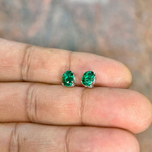 AAA 8x6mm Lab Created Oval Emerald Scroll Stud Earrings in 14K Yellow Gold | 1.90–2.56 Ct