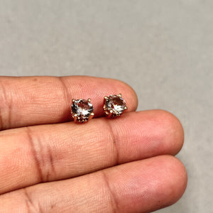 2.00ct Round Morganite Scroll Earrings | 14K Rose Gold 7mm Studs | AAA Pink Gemstone Solitaire | Vintage Inspired Peachy Pink Jewelry