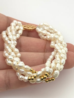 Freshwater Pearl Bracelet in 14K Yellow Gold | 7 Inch Pearl Bracelet with Gold Beads — Elegant Gift for Her