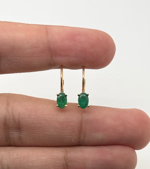 6x4mm Natural Emerald Scroll Leverback Earrings | 14K Yellow Gold Oval Emerald Earrings