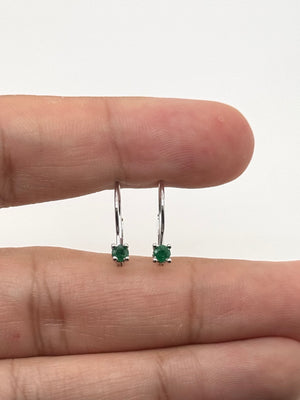 3mm Natural Emerald Scroll Lever back Earrings | 14K White Gold Round Emerald Earrings — Elegant Gift for Her