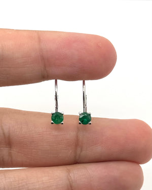 4mm Natural Emerald Scroll Lever back Earrings | 14K White Gold Round Emerald Earrings