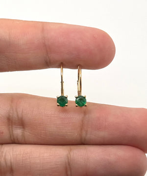 4mm Natural Emerald Scroll Lever back Earrings | 14K Yellow Gold Round Emerald Earrings