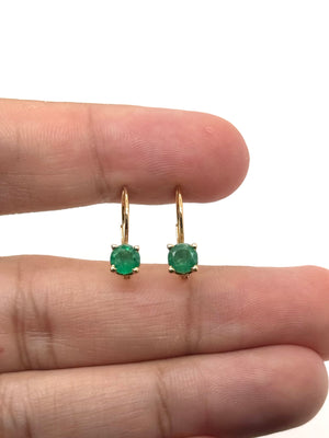 5mm Natural Emerald Scroll Lever back Earrings | 14K Yellow Gold Round Emerald Earrings
