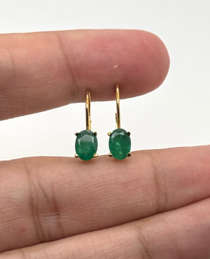 7x5mm Natural Emerald Scroll Leverback Earrings | 14K Yellow Gold Oval Emerald Earrings — Elegant Gift for Her