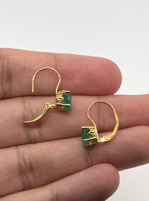8x6mm Natural Emerald Scroll Lever back Earrings | 14K Yellow Gold Oval Emerald Earrings — Minimalist Gift for Her