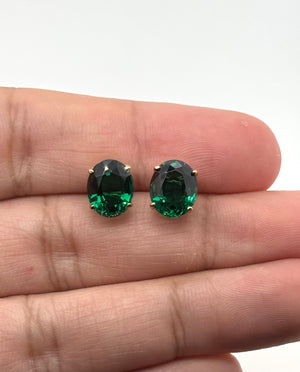 10x8mm Lab Created Emerald Stud Earrings | 14K Yellow Gold Oval Emerald Earrings