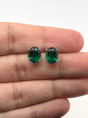 10x8mm Lab Created Emerald Stud Earrings | 14K White Gold Oval Emerald Earrings