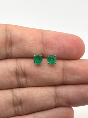 5.5mm Natural Emerald Stud Earrings | 18K White Gold Round Emerald Earrings — Elegant Gift for Her