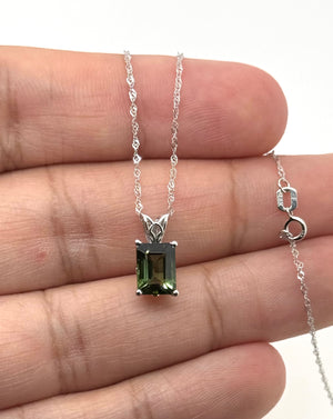 Green Tourmaline Pendant | Platinum Emerald-Cut Solitaire — Elegant Anniversary Gift for Her