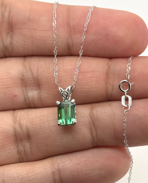 7.5x5.5mm Green Tourmaline Scroll Pendant | Platinum Emerald Cut Tourmaline Necklace — Elegant Gift for Her