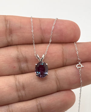 10x8mm Lab Created Alexandrite Solitaire Pendant | 14K White Gold Oval Alexandrite Necklace — Elegant Gift for Her