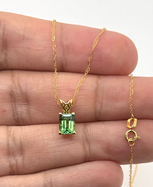 7x5mm Green Tourmaline Scroll Pendant | 18K Yellow Gold Emerald Cut Tourmaline Necklace