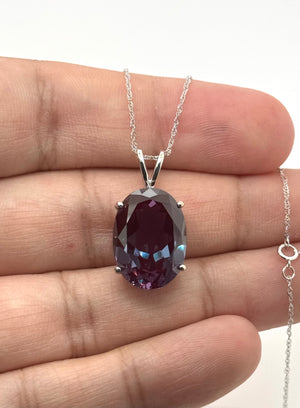 18x13mm Lab Created Alexandrite Solitaire Pendant | 14K White Gold Oval Alexandrite Necklace