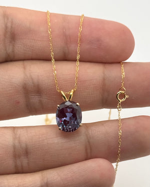 11x9mm Lab Created Alexandrite Solitaire Pendant | 14K Yellow Gold Oval Alexandrite Necklace — Elegant Gift for Her