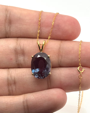 16x12mm Lab Created Alexandrite Solitaire Pendant | 14K Yellow Gold Oval Alexandrite Necklace — Statement Gift for Her
