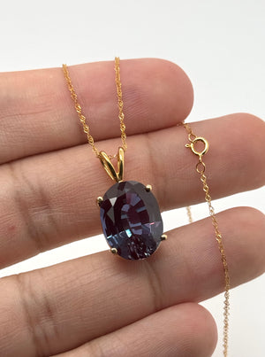 16x12mm Lab Created Alexandrite Solitaire Pendant | 14K Yellow Gold Oval Alexandrite Necklace — Statement Gift for Her