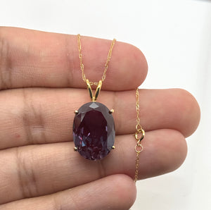 18x13mm Lab Created Alexandrite Solitaire Pendant | 14K Yellow Gold Oval Alexandrite Necklace — Statement Gift for Her