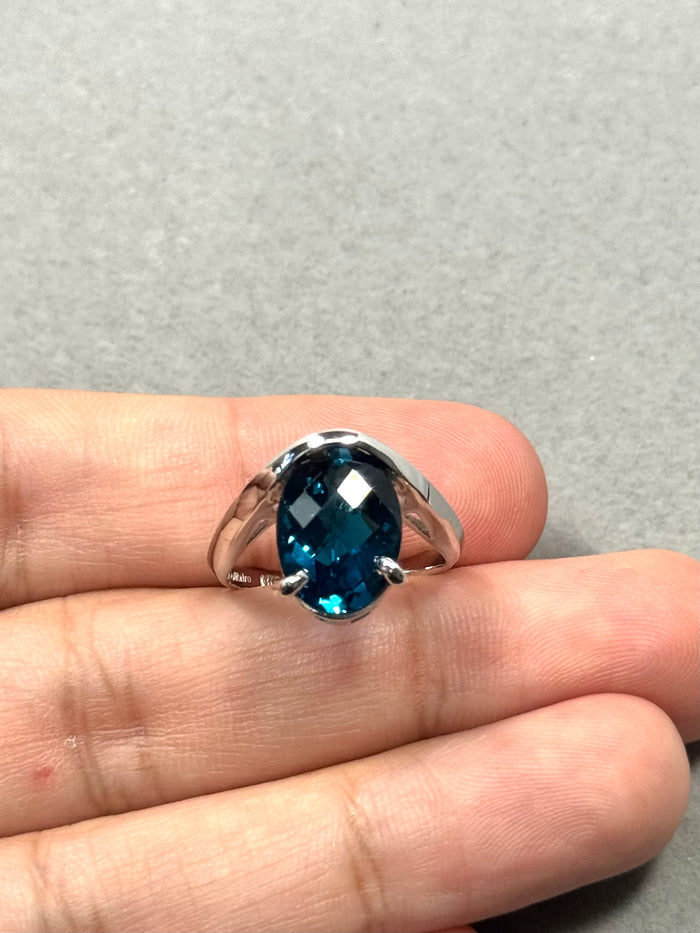 London Blue Topaz Ring 14K White Gold | 6.25 ct AA 14x10mm Oval Checkered Cut | Large Solitaire Gemstone Women’s Jewelry Gift