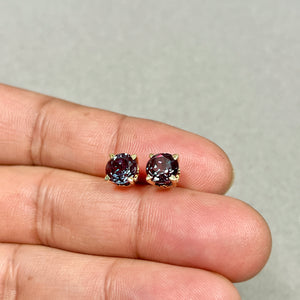 AAA Round Russian Lab Created Alexandrite Scroll Stud Earrings 2.97-3.81 Cts 7 mm 14K Yellow Gold