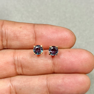 AAA Round Russian Lab Created Alexandrite Scroll Stud Earrings 2.02-2.21 Cts 6 mm 14K Yellow Gold