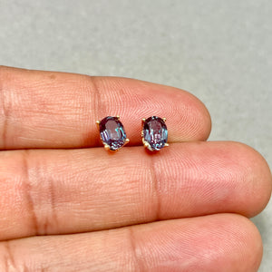 AAA Oval Russian Lab Created Alexandrite Scroll Stud Earrings 1.89-2.36 Cts 7x5 mm 14K Yellow Gold