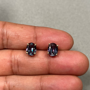 AAA Oval Russian Lab Created Alexandrite Scroll Stud Earrings 4.47-5.58 Cts 9x7 mm 14K Yellow Gold