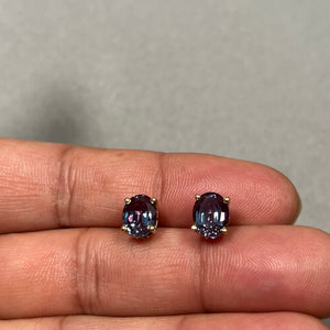 AAA Oval Russian Lab Created Alexandrite Scroll Stud Earrings 4.47-5.58 Cts 9x7 mm 14K Yellow Gold