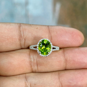 Peridot & Diamond Halo Ring 14K Yellow Gold | 2.15–2.68 ct Peridot + 0.53 ct Diamonds | Oval Green Gemstone Ring