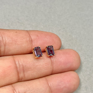 AAA Emerald Cut Russian Lab Created Alexandrite Stud Earrings 2.24–2.72 Cts 7x5 mm 14K Yellow Gold