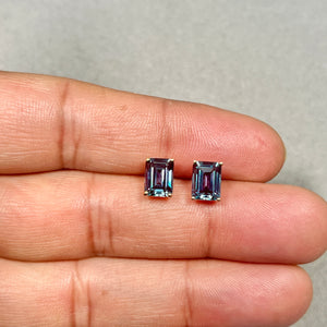 AAA Emerald Cut Russian Lab Created Alexandrite Stud Earrings 3.82–4.32 Cts 8x6 mm 14K Yellow Gold