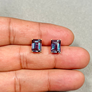AAA Emerald Cut Russian Lab Created Alexandrite Stud Earrings 5.39–6.58 Cts 9x7 mm 14K Yellow Gold
