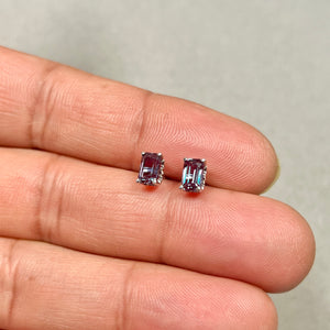 Emerald cut lab created alexandrite stud earrings color change green to purple