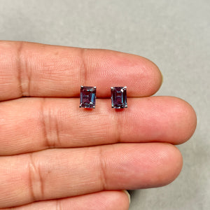 AAA Emerald Cut Russian Lab Created Alexandrite Scroll Stud Earrings 2.24–2.72 Cts 7x5 mm 14K White Gold