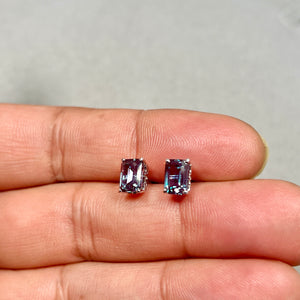 AAA Emerald Cut Russian Lab Created Alexandrite Scroll Stud Earrings 2.24–2.72 Cts 7x5 mm 14K White Gold